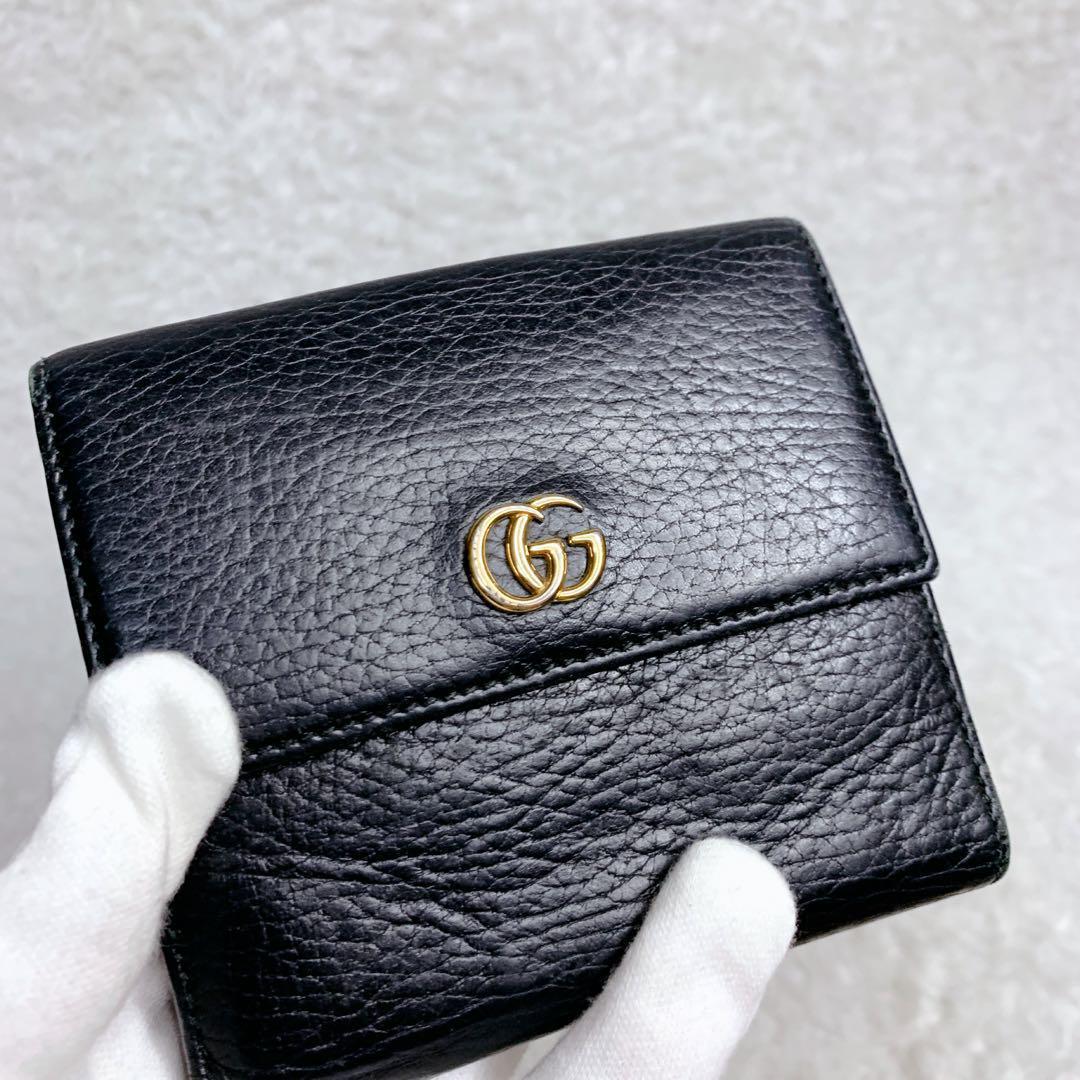 近年　GUCCI GG マーモント　グッチ　折り財布　シボ革　レザー　ブラック