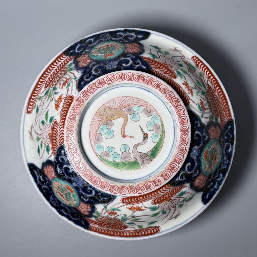 1800年代　江戸期　古伊万里　染錦鶴文様蓋付鉢　大聖寺伊万里　七宝文 1800年代 江戸期 古伊万里 染錦鶴文様蓋付鉢 大聖寺伊万里 七宝