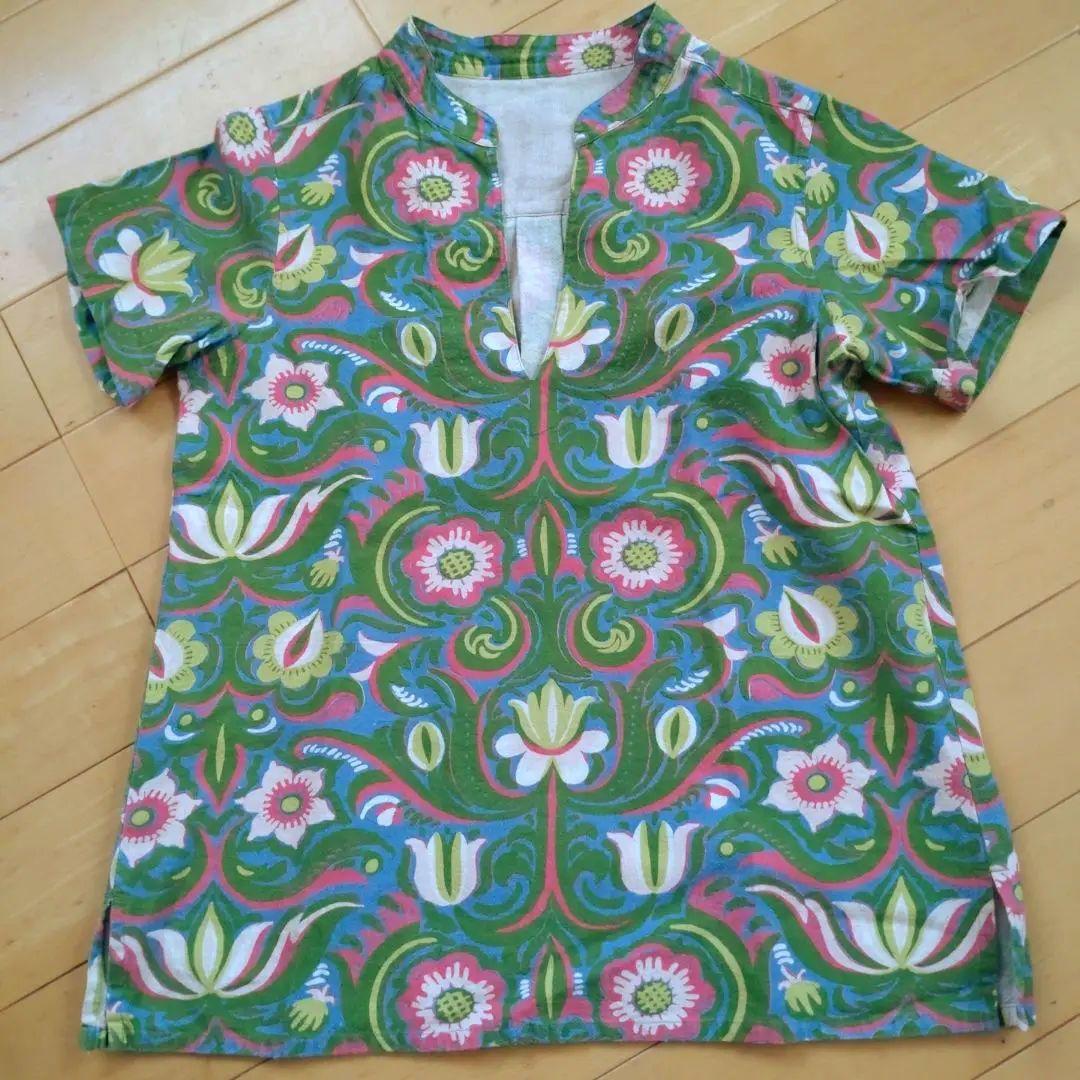 快晴堂　蓮の花柄ヴィンテージシャツ 半袖　S/M