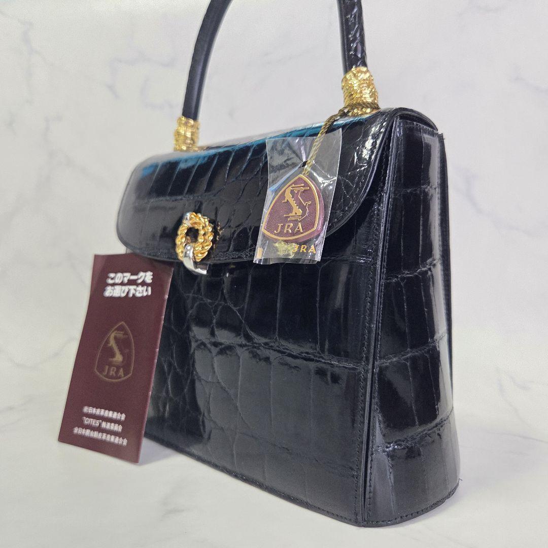美品✨JRA認定 シャイニングクロコ フォーマルバッグ ゴールド金具 黒 自立