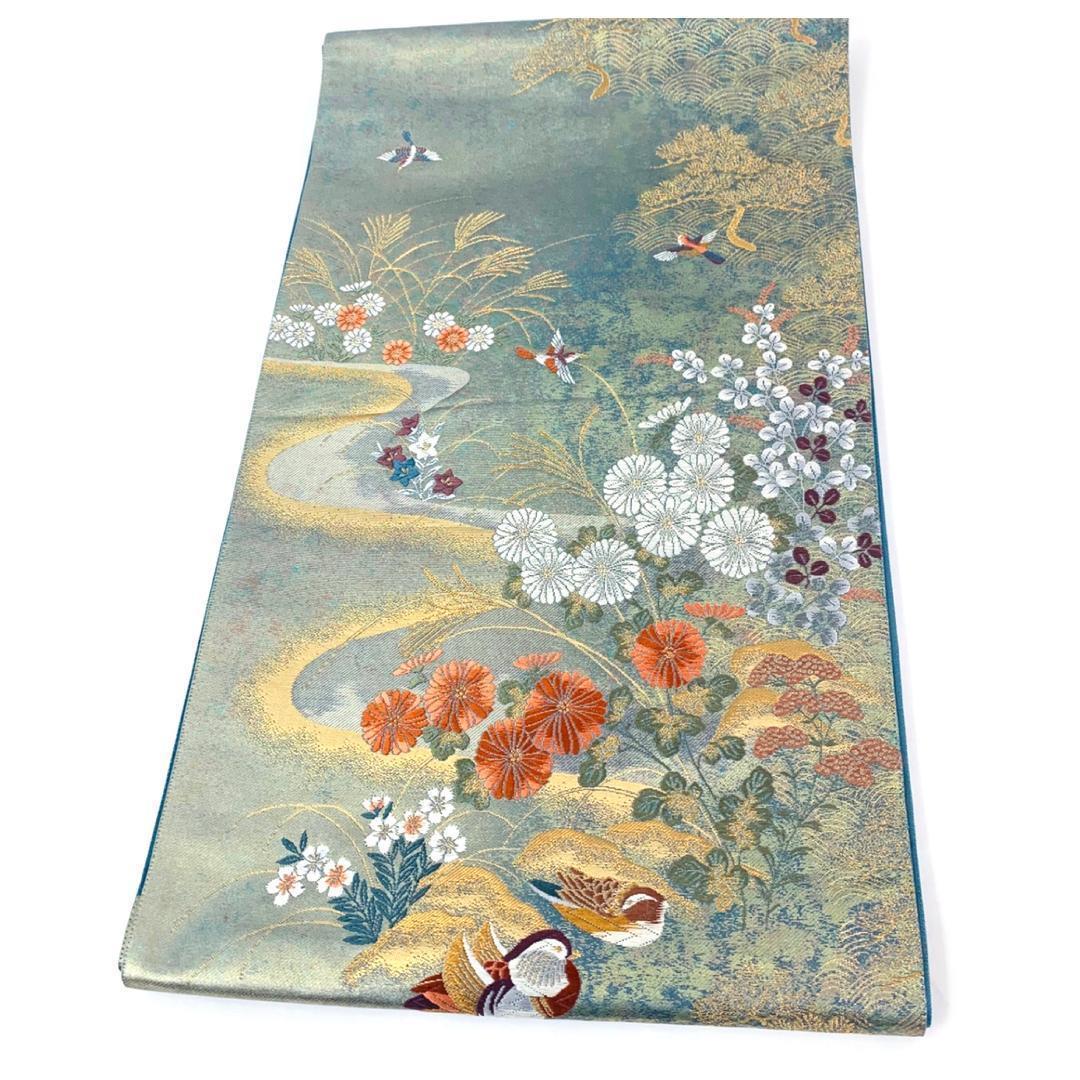 HOT在庫 ほぼ未使用 美品 正絹 袋帯 小鳥と四季の華 刺繍と織りだし 帯 着物に 2cVRa-m34764770633 高品質国産