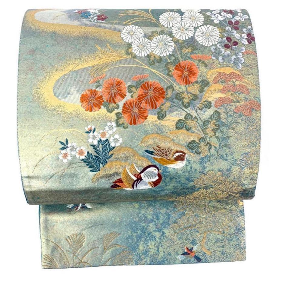 HOT在庫 ほぼ未使用 美品 正絹 袋帯 小鳥と四季の華 刺繍と織りだし 帯 着物に 2cVRa-m34764770633 高品質国産