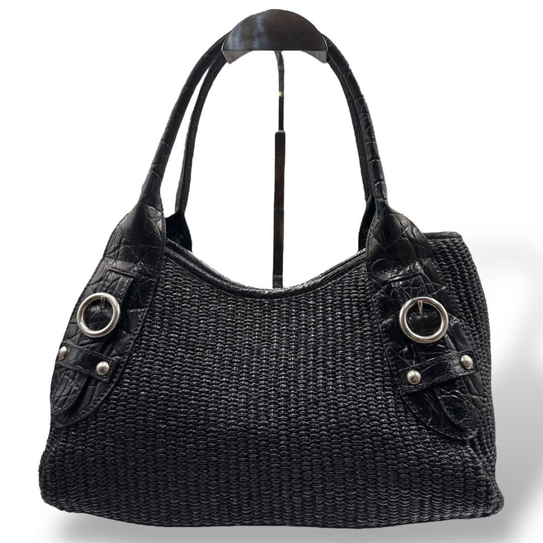 【美品】フルラ　トートバッグ　カゴ　ブラック　レザー　クロコ型押し　ストロー