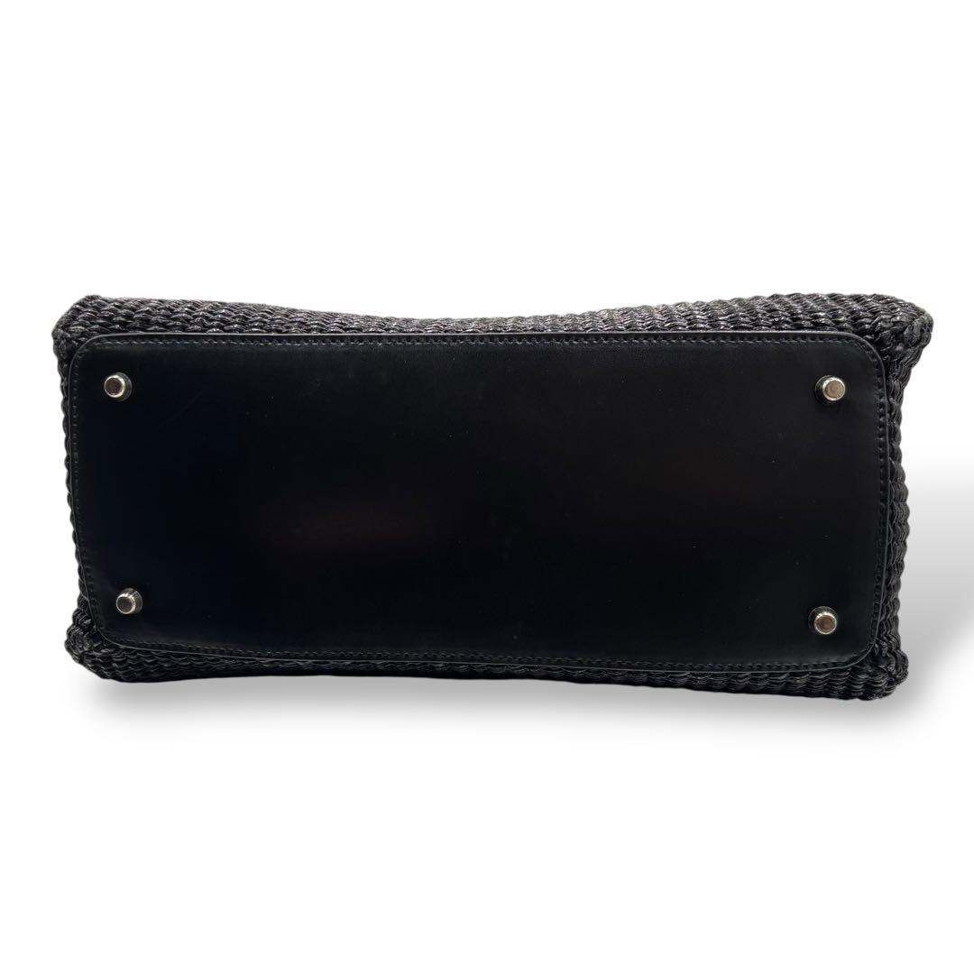 【美品】フルラ　トートバッグ　カゴ　ブラック　レザー　クロコ型押し　ストロー