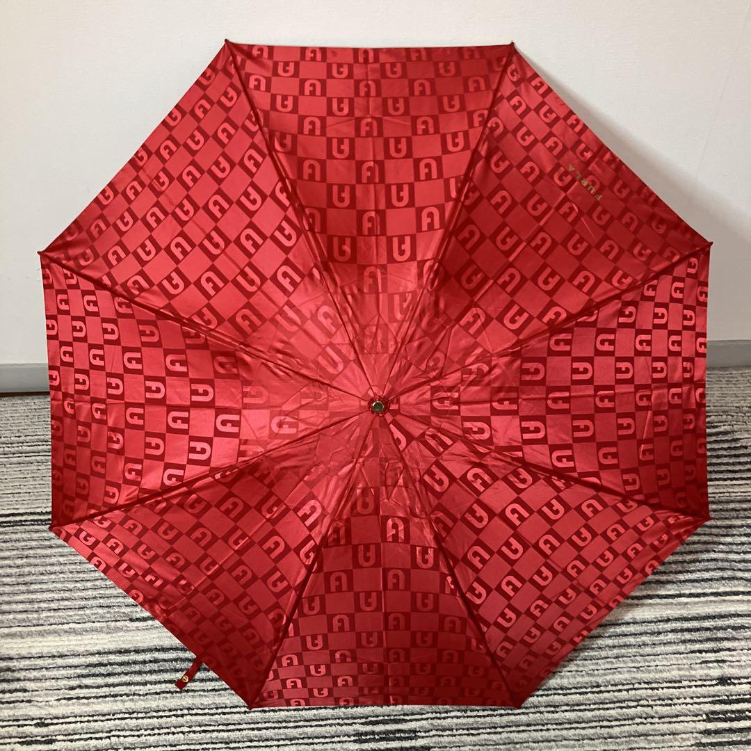 【スーパーセール】 未使用品】フルラ ロゴ総柄 晴雨兼用 折り畳み傘 レッド 小物