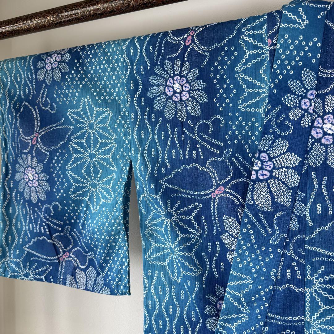 送料無料 通販  夏物164㎝ 着物 現代浴衣 綿 超美品 鮮やか エメラルド 変わり織 着物・浴衣