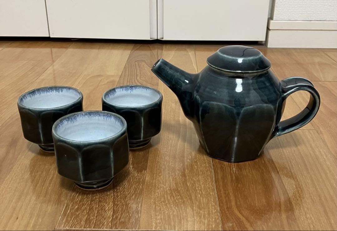 延興寺窯　瑠璃釉面取ポット　急須　湯呑み3個セット