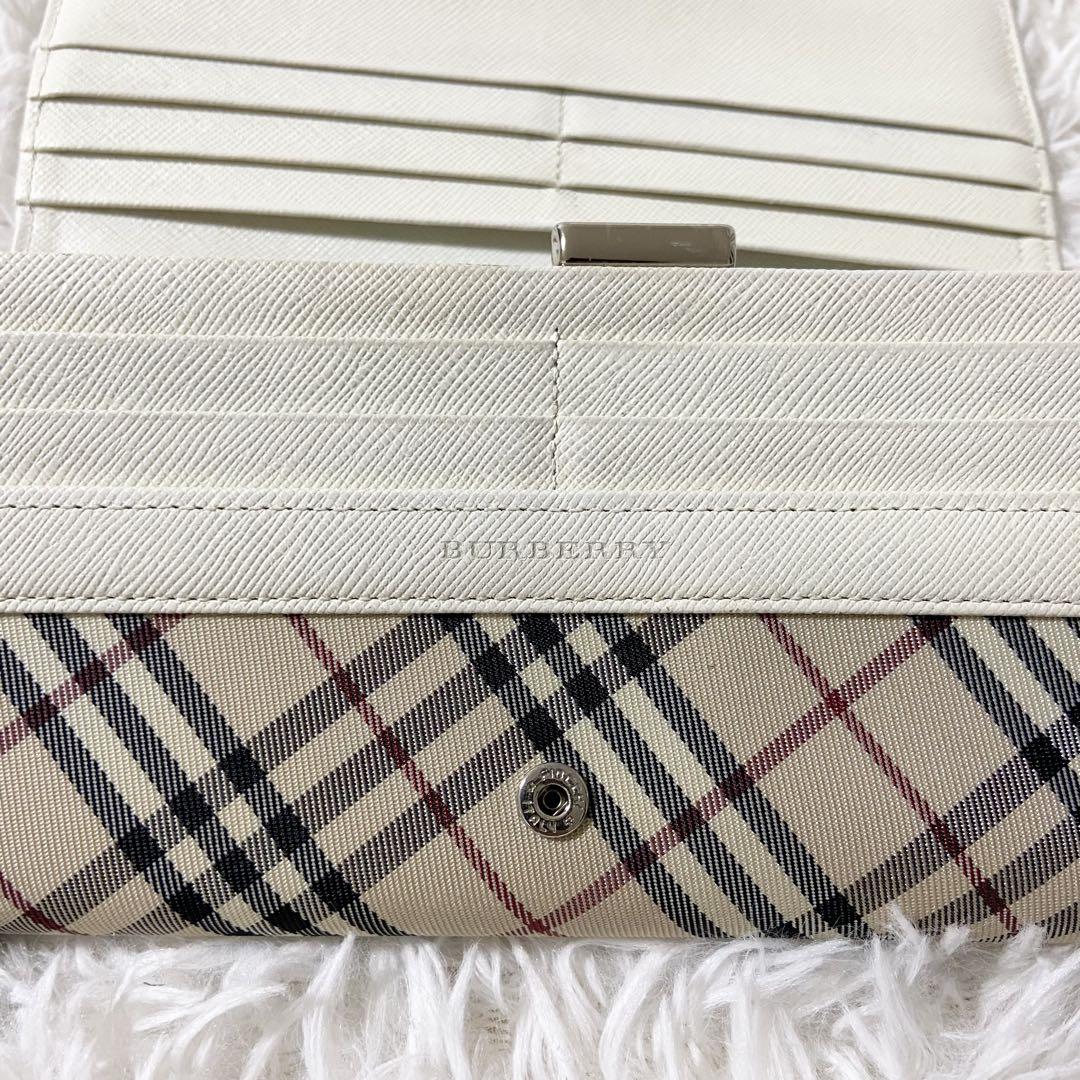 バーバリー 長財布 がま口 ノバチェック キャンバス レザー ホワイト