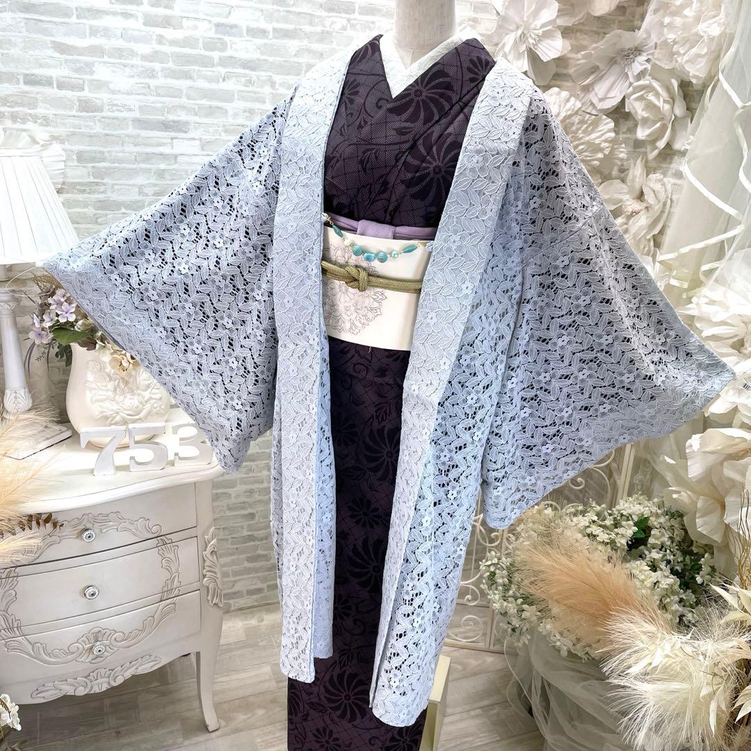 水色 レース 羽織 フラワーパターン目立った傷や汚れなし
