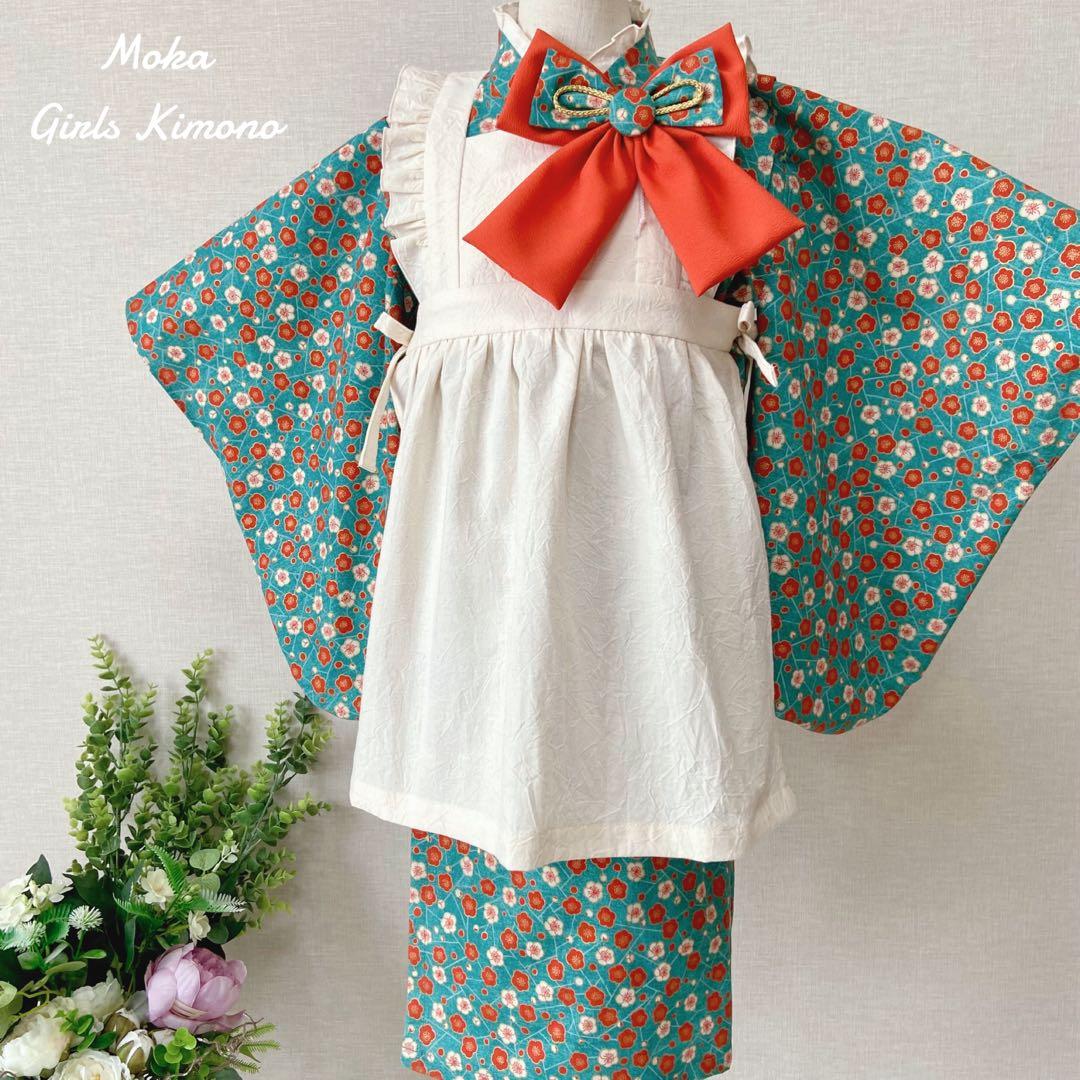 七五三 3歳 女の子 着物＆被布エプロンセット レトロ花柄／ハンドメイド