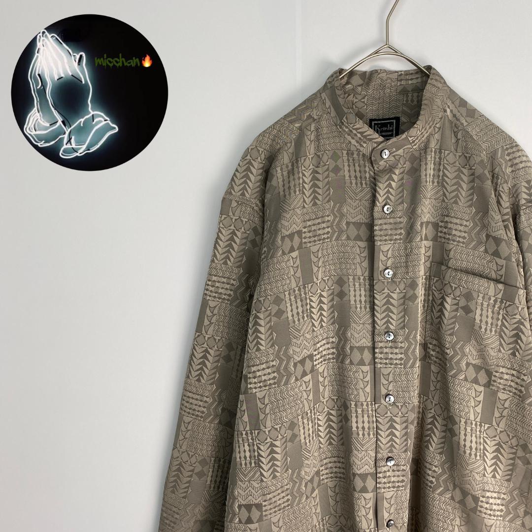 ヴィンテージ　長袖シャツ　90s　バンドカラー　銀　総柄　柄シャツ　大きいサイズ