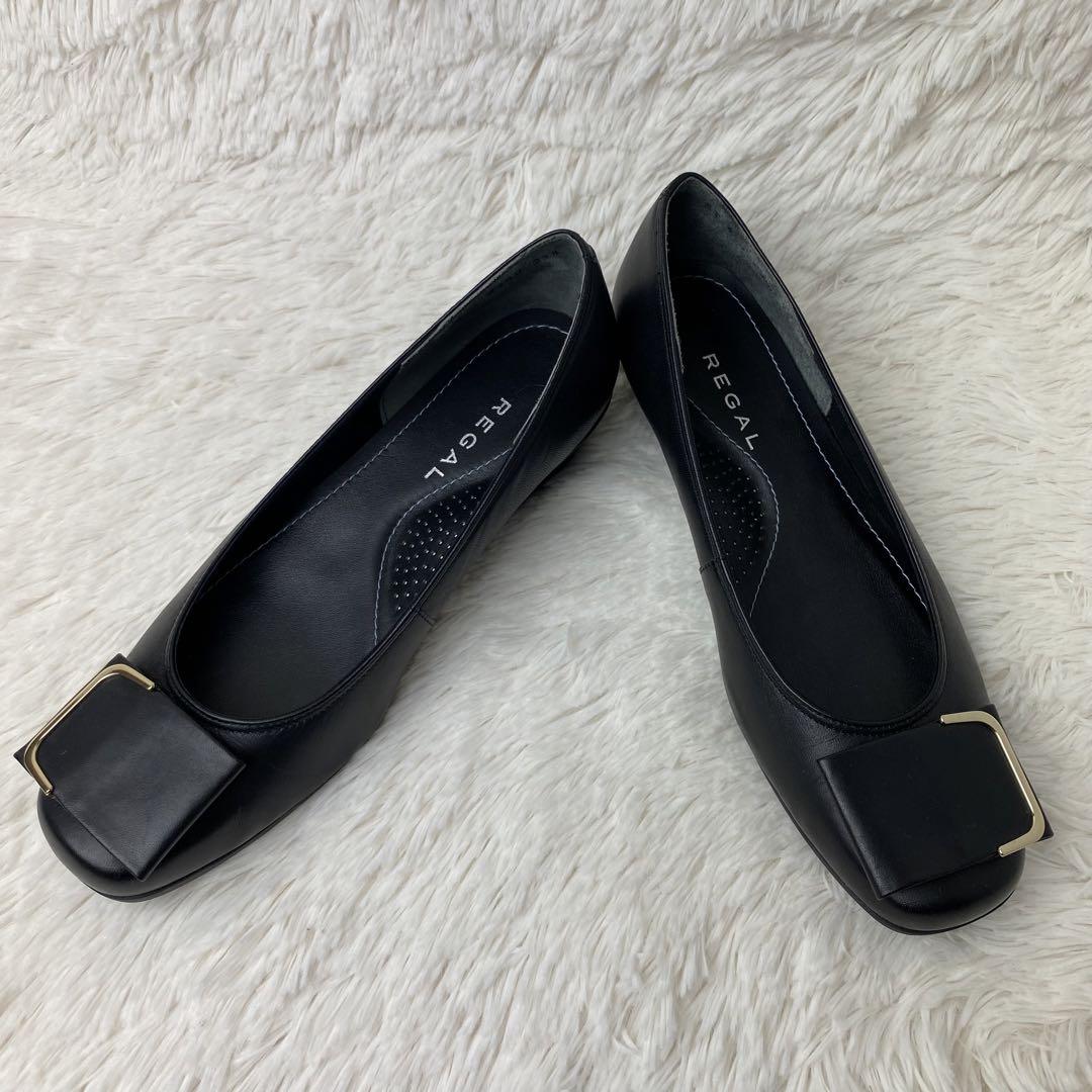極美品☆REGAL リーガル スクエアトゥ パンプス バックル ブラック レザー