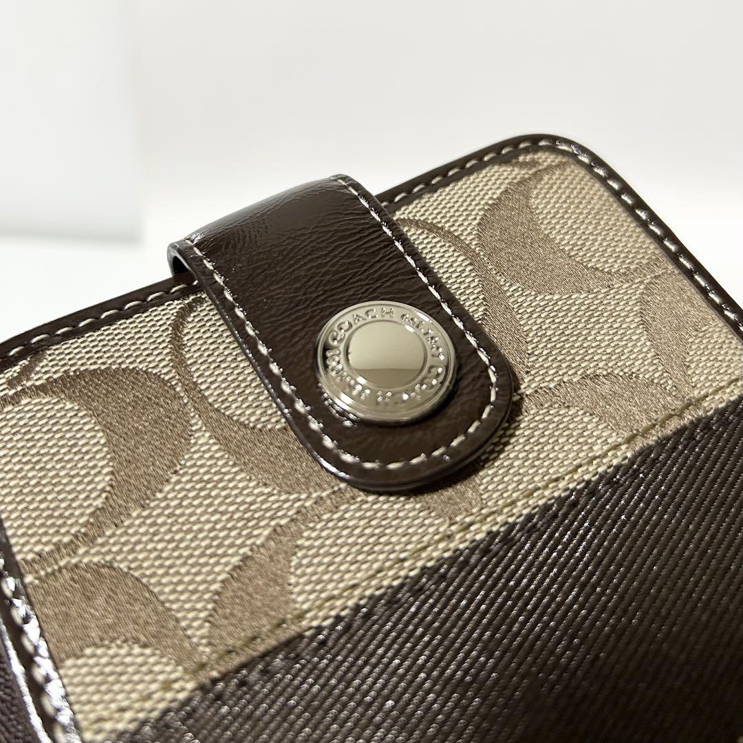 極美品 COACH コーチ シグネチャー キャンバス レザー 二つ折り 財布