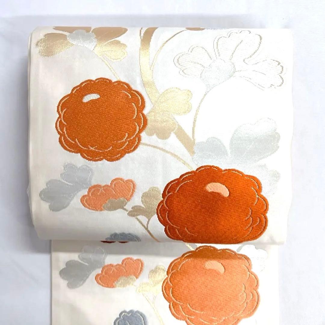 名古屋帯　菊花　リーフ　白地　唐織　着物　帯　039k