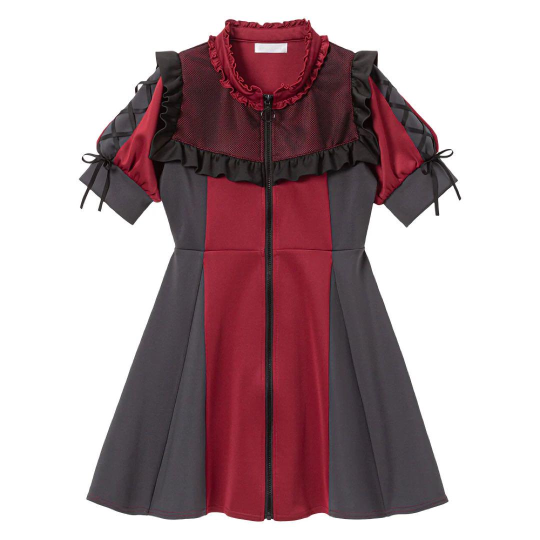 ヨークメッシュレースアップジャージワンピース ボルドー L