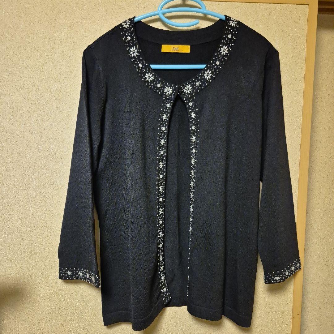 ✨️美品 ✨️元町ゼラール ビーズ 刺繍 カーディガン 黒 レーヨン素材