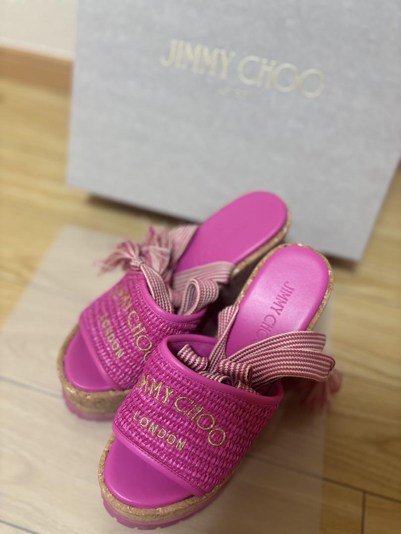 JIMMY CHOO ピンク フリンジサンダル レースアップ ジミーチュウ