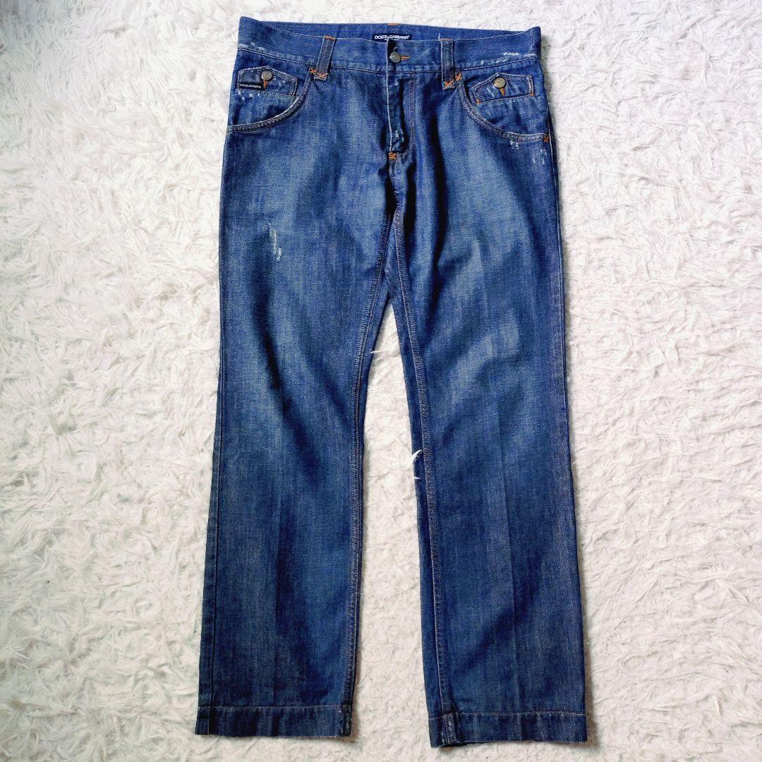 [美品]D&G　デニム　ジーパン　ダメージ加工　金属ロゴ　ロゴボタン　48