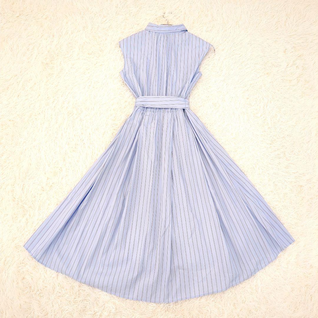 美品✨️組曲　ノースリーブストライプワンピース　ライトブルー　水色　リボンベルト 美品✨️組曲 ノースリーブストライプワンピース ライトブルー