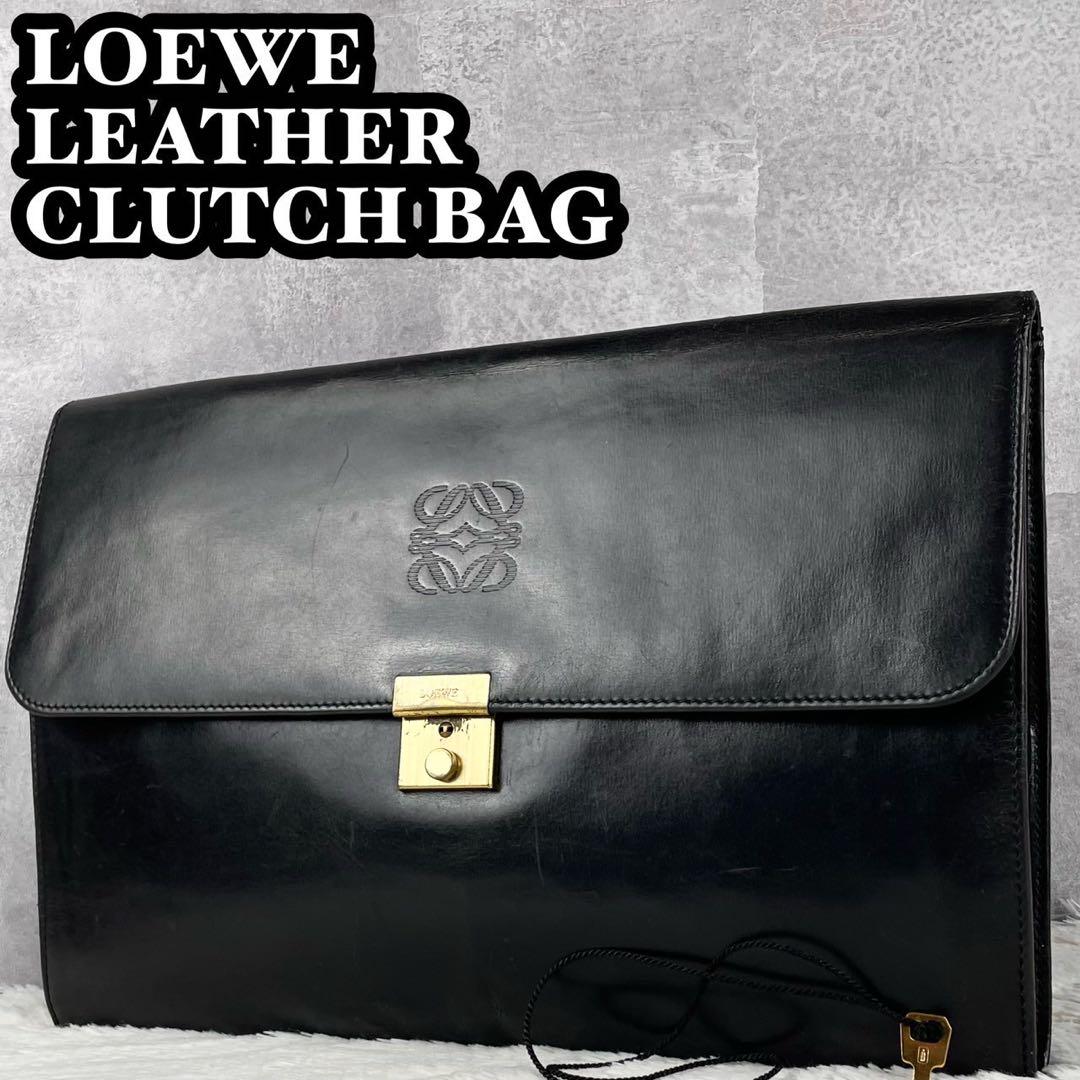 【極美品】 LOEWE レザー ポーチ クラッチバッグ アナグラム ブラック 黒 ☆極美品 LOEWE クラッチバッグ ポーチ レザー 裏地総柄