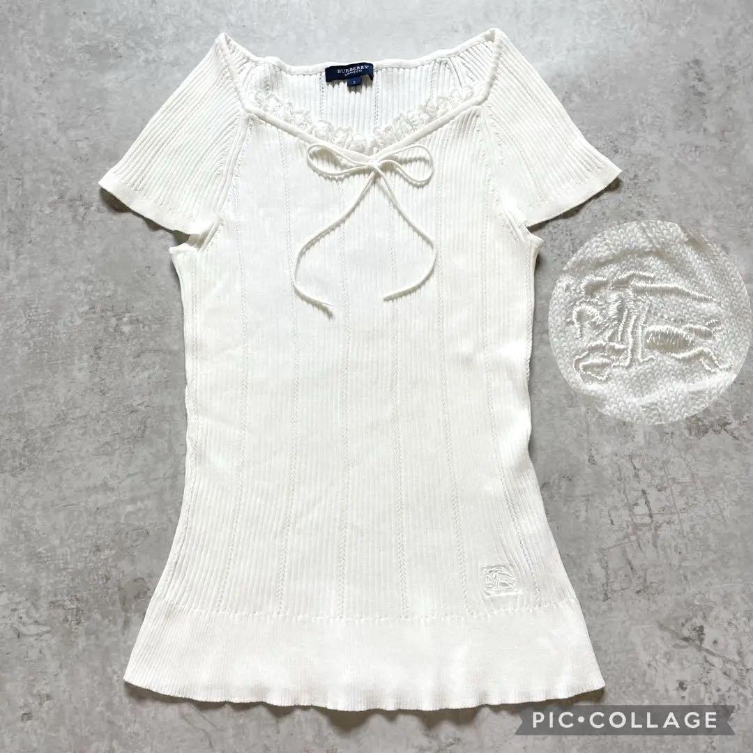 Burberry バーバリー　リブニット　白　ロゴ刺繍　半袖　綿　三陽商会