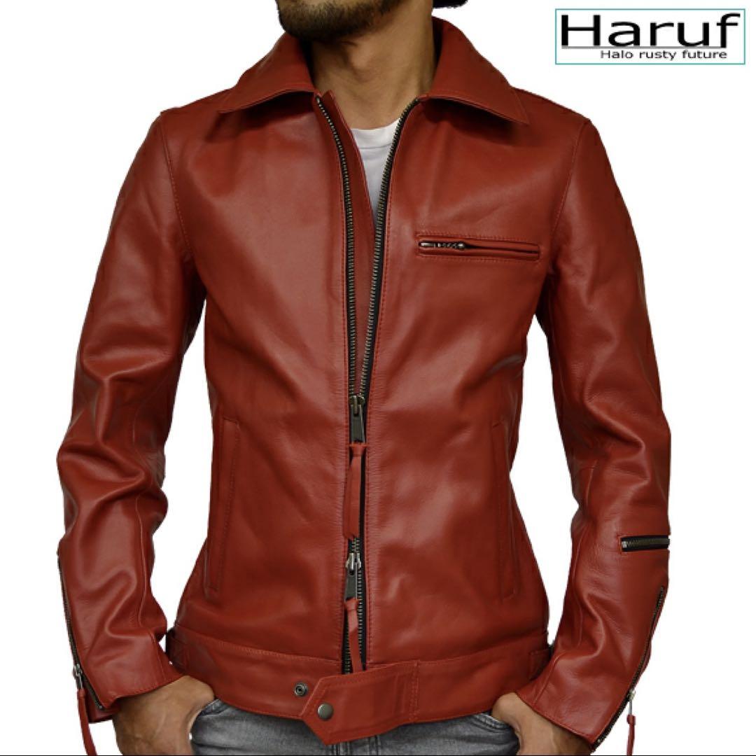 Haruf ハルフ 赤 レザー 牛革 シングルライダースジャケット