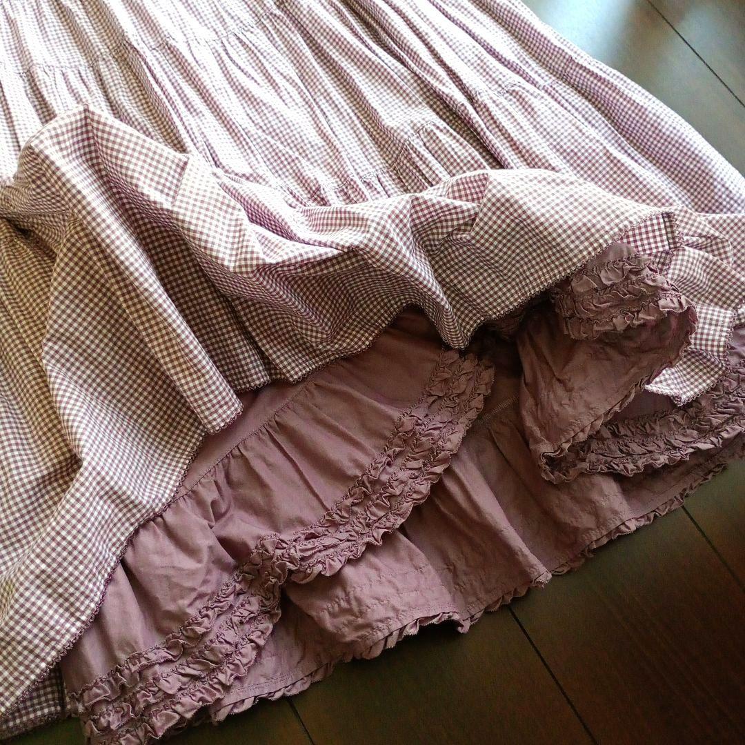ピンクハウスのさくらんぼ刺繍ギンガムチェックティアードワンピースパープル