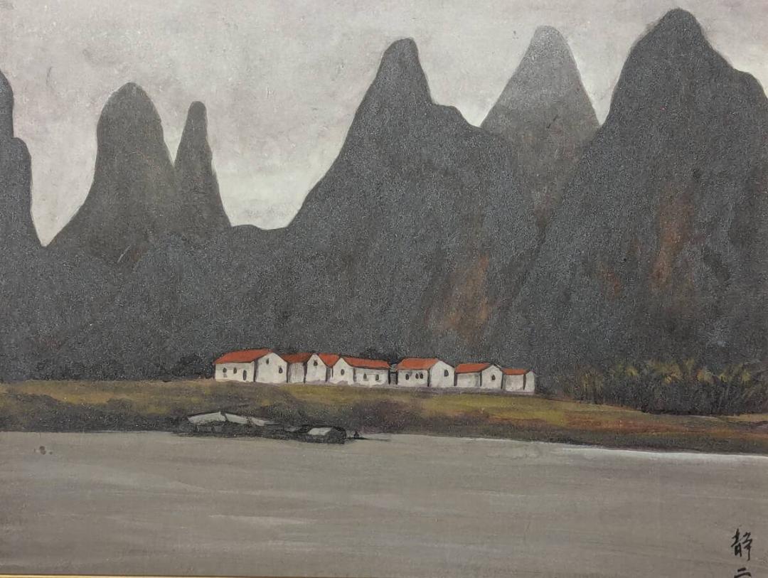 【真作】絵画　日本画　山水風景画　静寂の集落と山々の調和　自然美の表現　V18