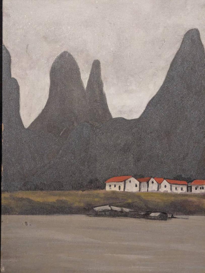 【真作】絵画　日本画　山水風景画　静寂の集落と山々の調和　自然美の表現　V18
