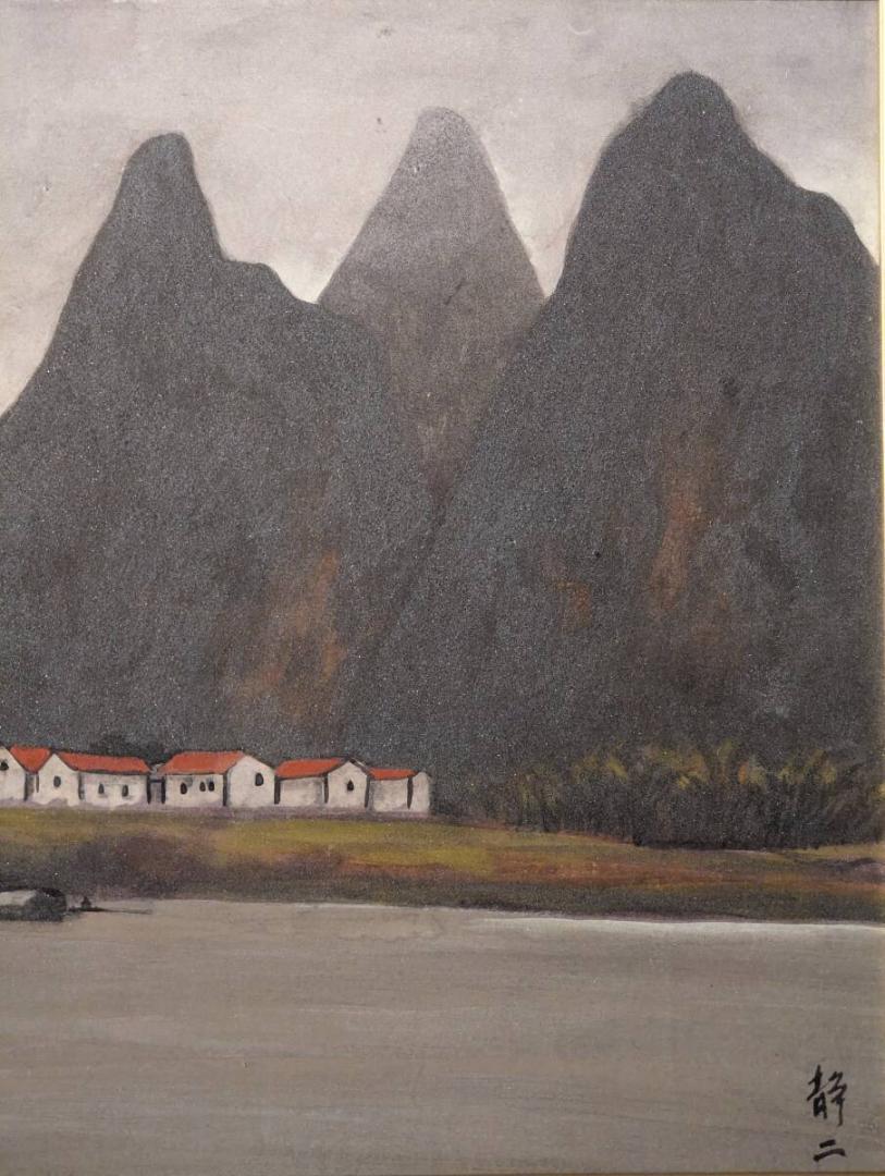 【真作】絵画　日本画　山水風景画　静寂の集落と山々の調和　自然美の表現　V18