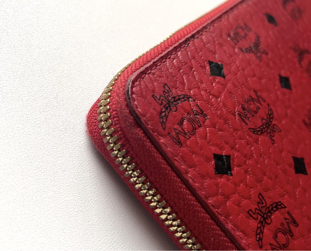 MCM 希少カラー レッド ラウンドファスナー ヴィセトス柄 本革レザー
