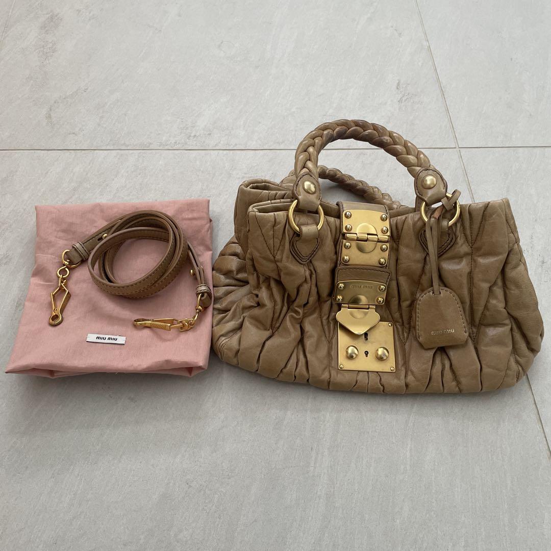 【GARAGE古着屋さん】miumiu ミュウミュウ バッグ レザー キャメル系 MIU MIU ハンドバッグ 5BP085 キャメル ゴールド カーフレザー
