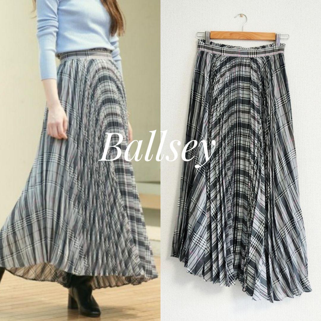 美品 Ballsey ボイルチェック プリーツアシンメトリースカート グレー系