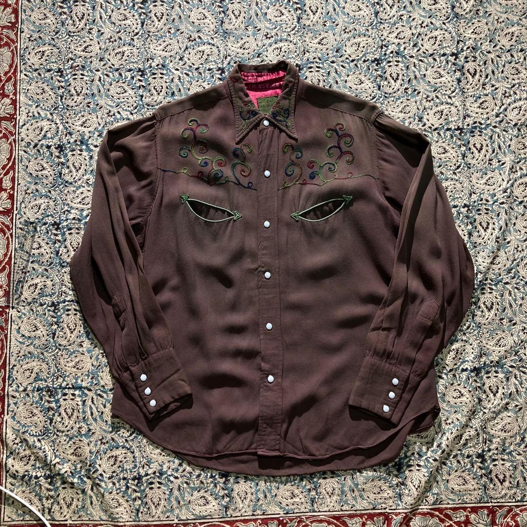 50's レーヨンギャバジン ウエスタンシャツ フェード ビンテージ 刺繍