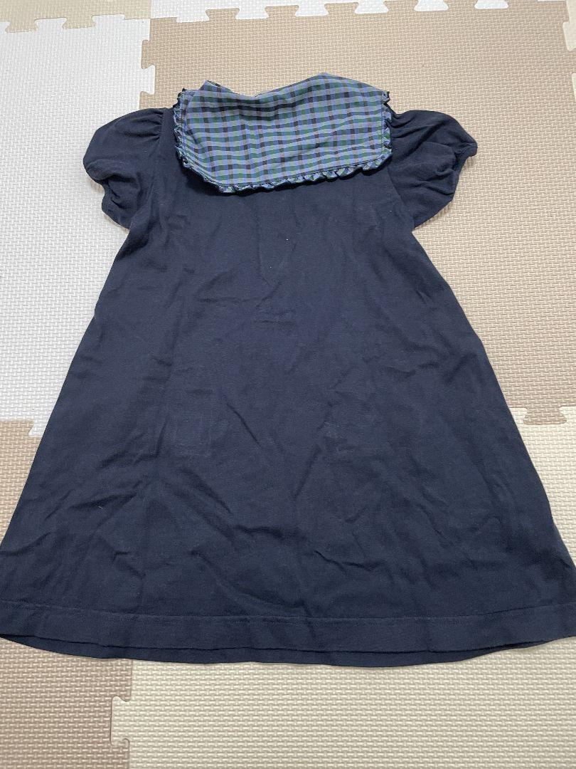 ネイビー チェック襟 半袖ワンピース