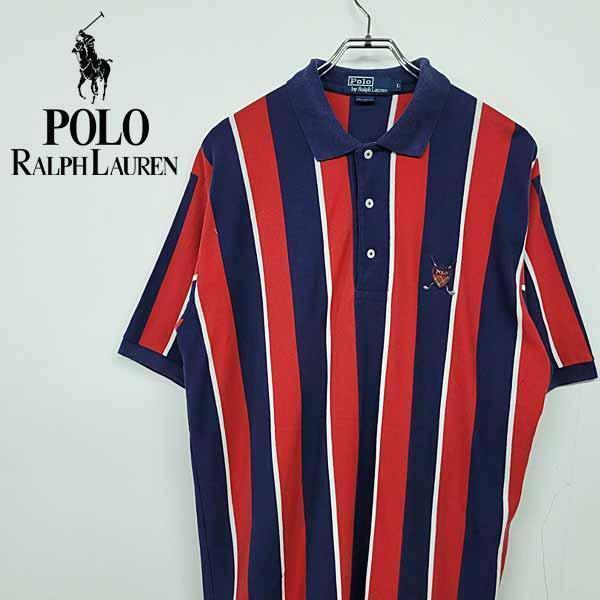 【90s 古着】ポロ ラルフローレン ポロシャツ ストライプ レッド×ネイビー