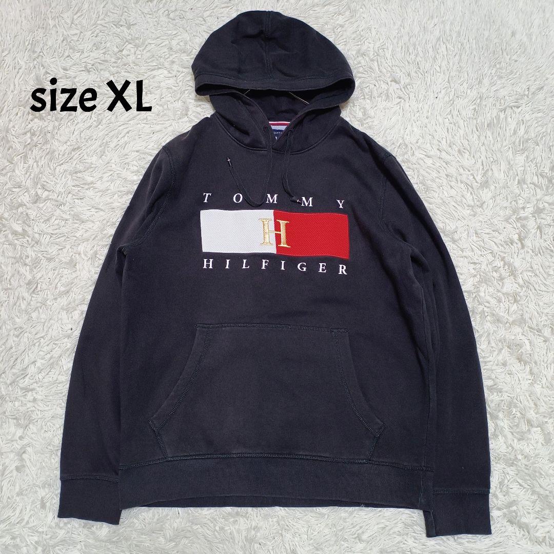 トミーヒルフィガー 刺繍ロゴ パーカー フーディ 黒 ブラック XL