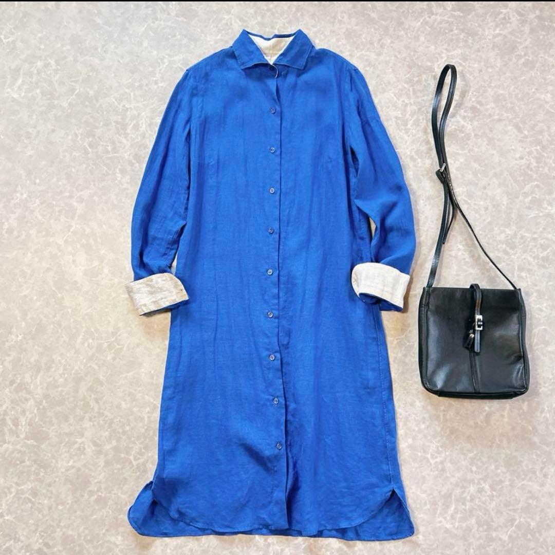 ジャンネット Jiannetto リネン シャツワンピース ブルー 麻S GIANNETTO