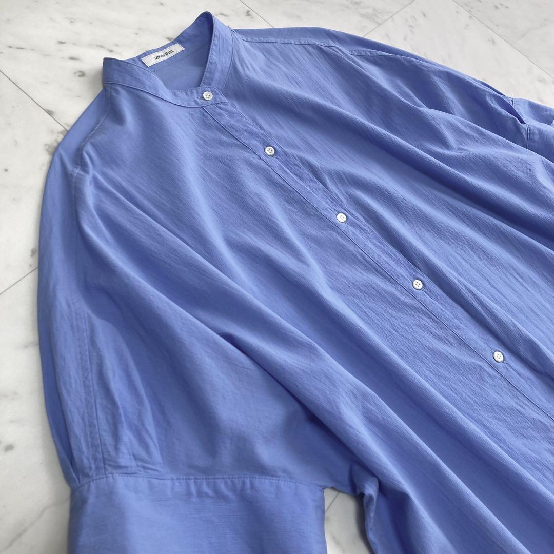 美品 MICA&DEAL バンドカラー ロングシャツワンピース 日本製 ブルー