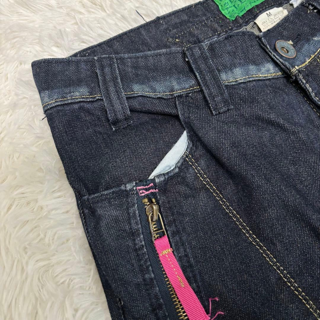 y2k サイドジップ バギー デニム パンツ トライバル 刺繍 2wy デザイン y2k サイドジップ バギー デニム パンツ トライバル 刺繍 2wy デザイン