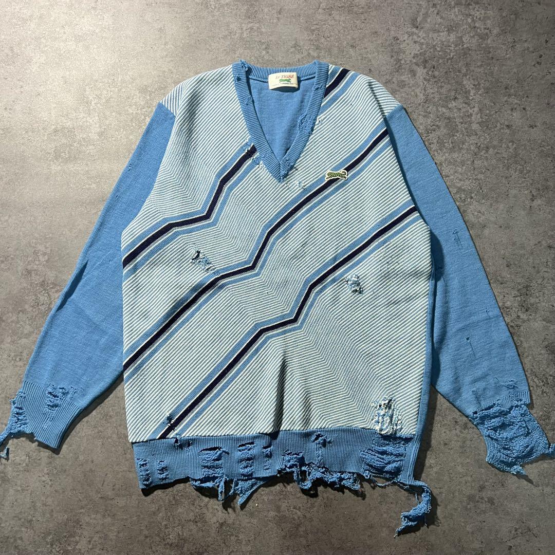 【即日発送・ボロニット】80s古着　グランジ　グランパコア　ニット　水色　L