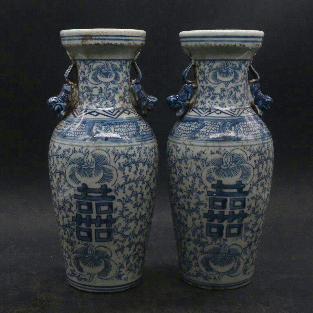 清康煕藍地青花纏枝喜字氷梅紋将軍缶 景徳鎮 陶磁器 装飾品 工芸