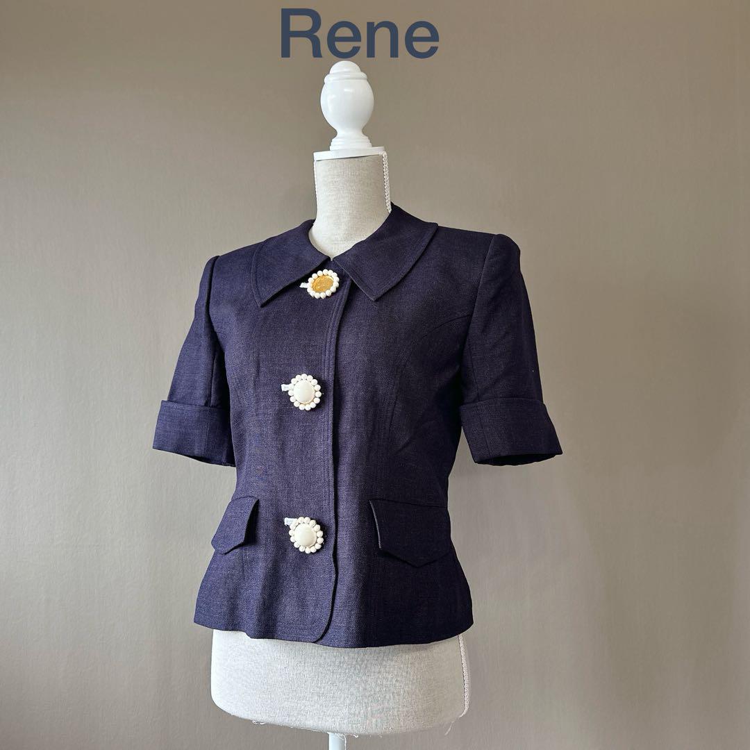 ＊訳あり【Rene】S相当　ネイビー/紺　半袖ジャケット　肩パット　夏ジャケット