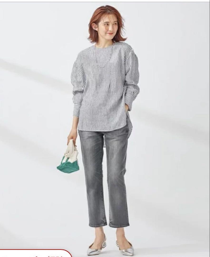LIBECO クルーネックシャツテール ブラウス カーキ 36 トップス