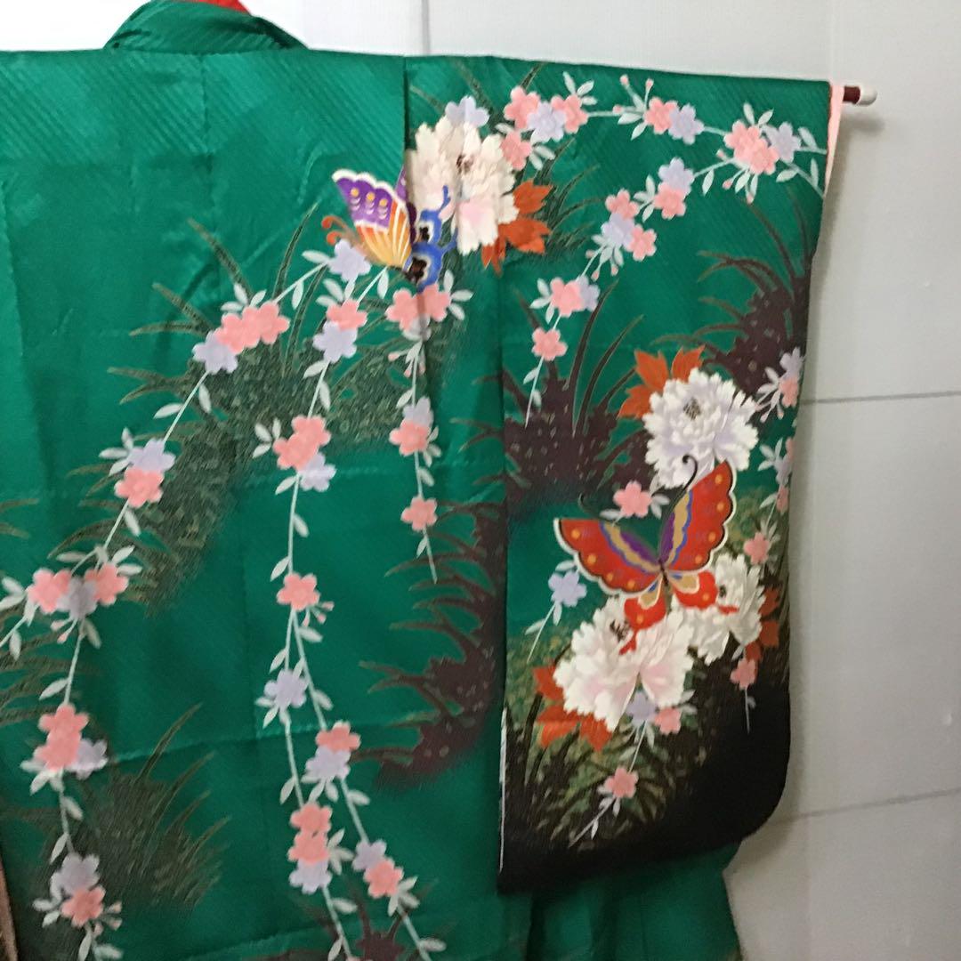 美品　七五三着物　長襦袢セット　緑／赤　393-5