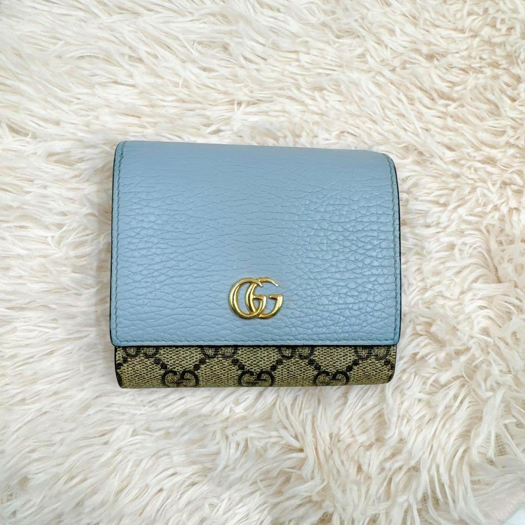 グッチ プチマーモント ggスプリーム バイカラー 二つ折り財布　ブルー　水色 グッチ プチマーモント ggスプリーム バイカラー 二つ折り財布