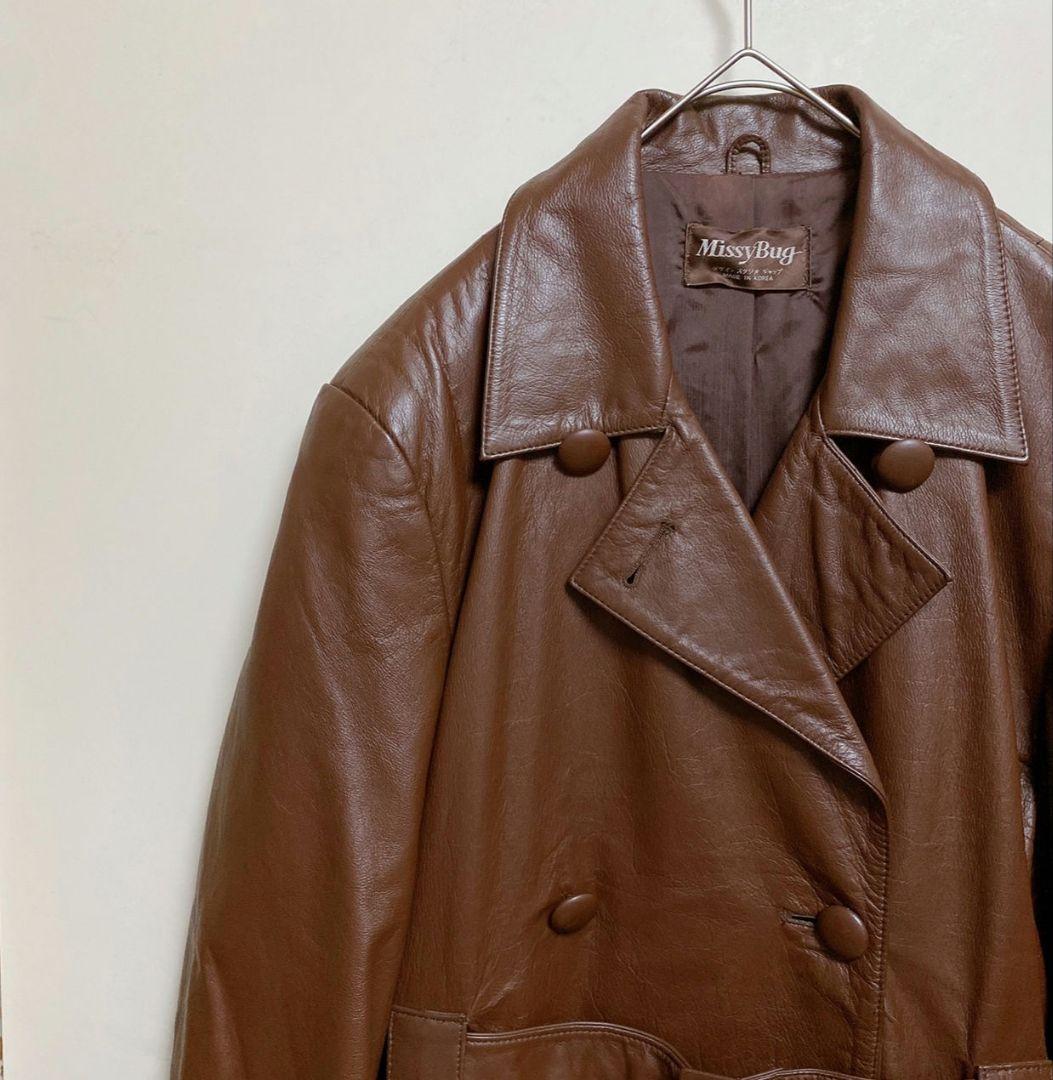 vintage レザー ベルト付きコート  ブラウン 牛革 レトロレザージャケット