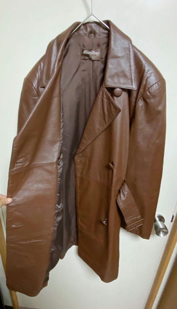 vintage レザー ベルト付きコート  ブラウン 牛革 レトロ