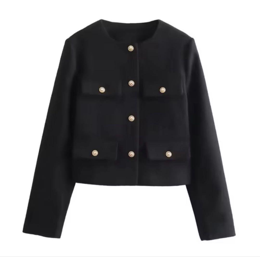 ZARA フラップ クロップド ジャケット ネイビー ツイード 金