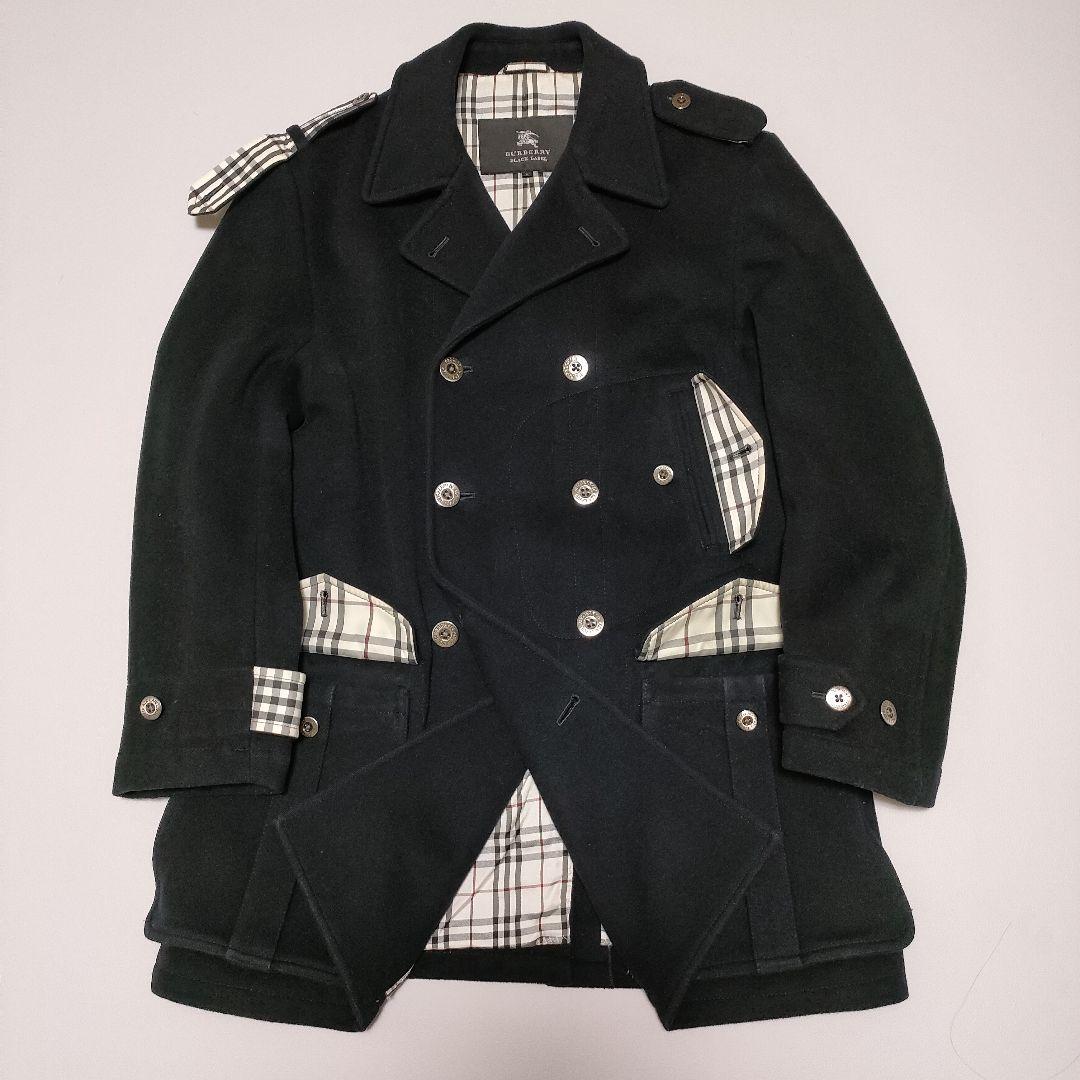 BURBERRY BLACK LABEL チェック柄 ピーコート ブラック L